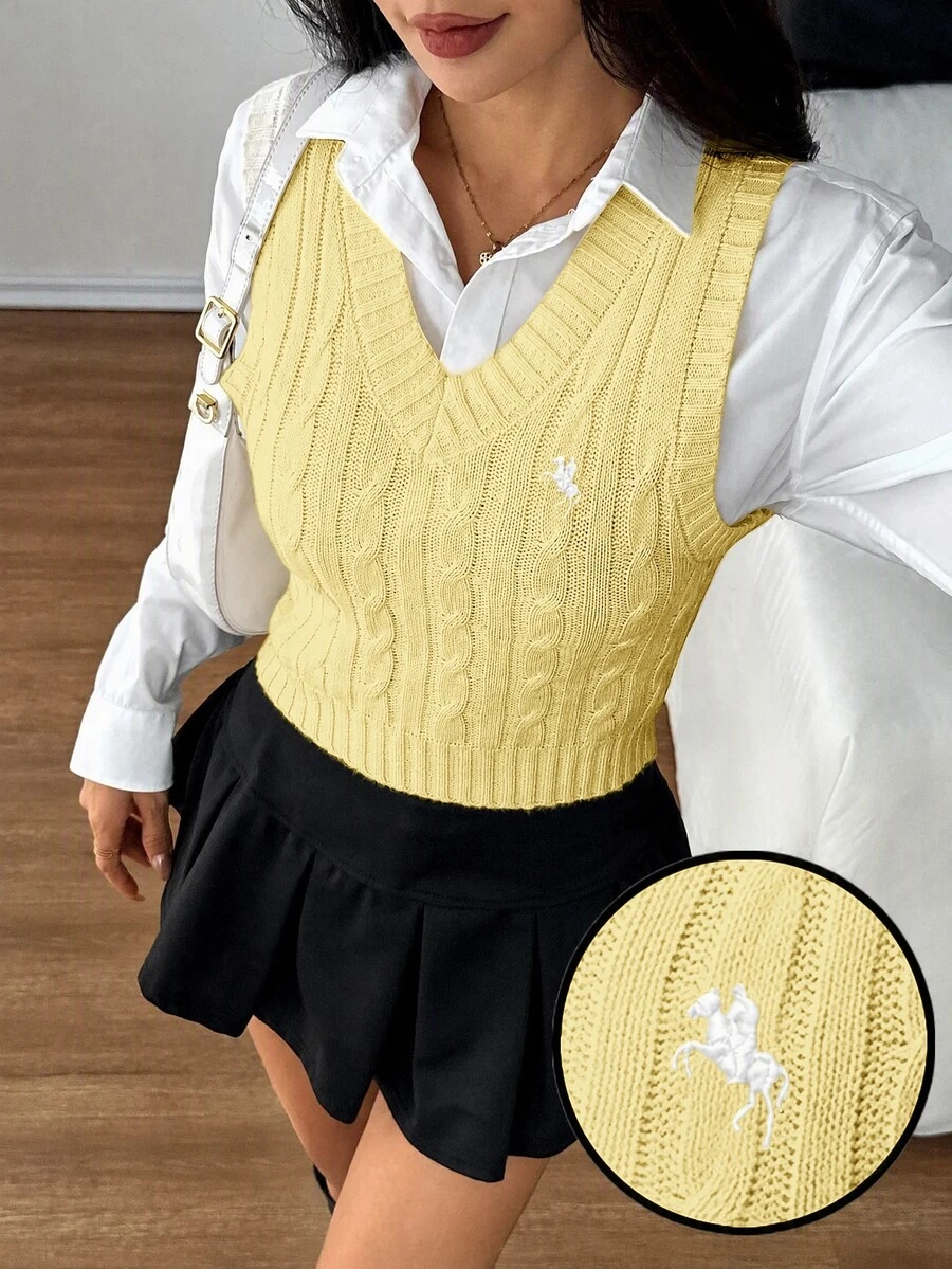 SHEIN PETITE Women's Business Casual Short Sweater Vest - Light Yellow - View 1