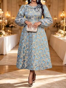 Fleurora Plus Size Women's Jacquard 3D Floral Decor Lantern Sleeve Elegant Dress - Blue - View 4