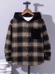 SHEIN 青少年男孩秋季新款連帽格紋襯衫外套，兒童時尚復古黑棕格紋長袖開襟上衣，寬鬆版型連帽口袋設計，春秋休閒百搭外套 - 彩色 - 查看 6