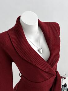 Elamini Women's Deep Brown Oversized Lapel Cross-Waist Tie-Up Sweater, Hot Girl Style - Burgundy - View 4