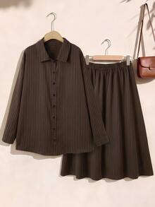 Rusticease Plus Size Women's Striped Long Sleeve Single-Breasted Shirt And Skirt Casual 2 Pieces Set - Brown - View 4