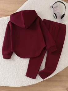 Elladie kids 女童春秋兩件套，長袖字母印花連帽套頭衫 + 鬆緊腰修身長褲，柔軟休閒運動套裝，時尚搭配風格，適合女童日常穿著、戶外玩耍與假期休閒造型 - 酒紅色 - 查看 2