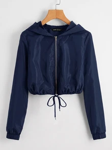 SHEIN EZwear 秋冬款連帽防風夾克，拉鍊開襟、抽繩下擺 - 藏蓝色 - 查看 1