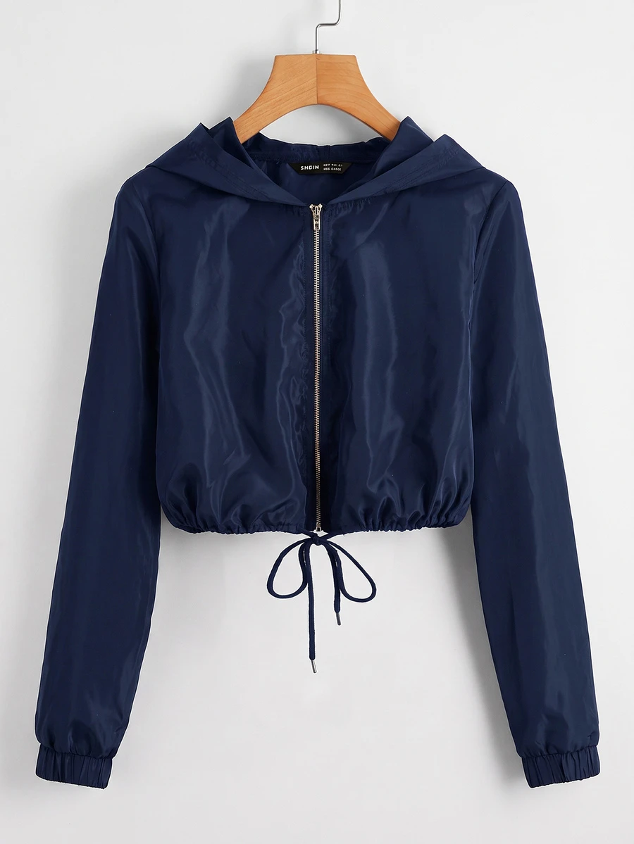 SHEIN EZwear 秋冬款連帽防風夾克,拉鍊開襟、抽繩下擺 - 藏蓝色 - 查看 1