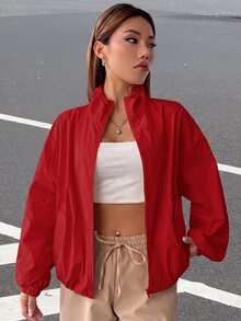 SHEIN EZwear 秋冬款拉鍊落肩夾克 - 紅色 - 查看 5