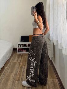 StreetHx Women's Fashion Leopard Print Letter Graphic Wide Leg Denim Jeans - Multicolor - View 2