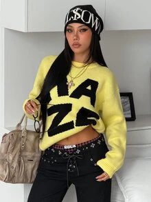 SHEIN HypeZone Minimalist Street Style Women's Autumn/Winter Yellow Long Sleeve Letter Print Slim Fit Knit Sweater Top - Yellow - View 3