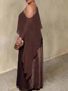 SHEIN CURVE+ Plus Size Women's Asymmetrical Shoulder Casual Party Dress - Brown - View 2