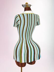 Amplova Colorblock Striped Polo Collar Cinched Waist A-Line Knit Mini Dress - Multicolor - View 11