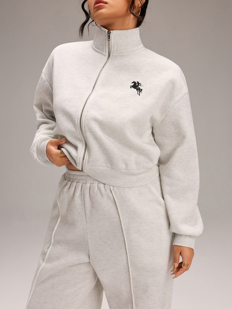 EMERY ROSE Plus Size Women's Equestrian Print Zip-Up Hoodie And Pants Casual 2 Pieces Set - Grey - View 1