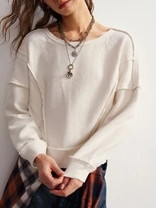 Bohemela Sweatshirt Rajut Lengan Panjang Warna Polos Kasual untuk Wanita - Putih - View 1