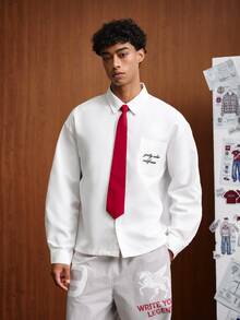 TOKVUE Men's White Base Blue Logo Letter Long Sleeve Shirt, Basic Shirt - White - View 2