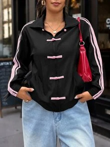 SHEIN EZwear 大尺碼女款側條紋鈕扣薄款夾克 - 彩色 - 查看 4