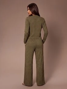 Lazeform Women's Casual Green Striped Crew Neck Long Sleeve Pajama Set, Knitted Elastic Textured Pleated Top + Wide Leg Pants, 2 Pieces Loungewear - Army Green - View 2