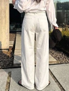 DAZY 女款寬鬆高腰修身直筒牛仔褲，極簡百搭舒適長褲 - 白色 - 查看 5