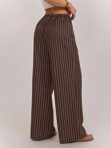 SHEIN PETITE Brown Striped Straight-Leg Trousers For Petite Women – Loose, Casual, And Suitable For Work. - Brown - View 2