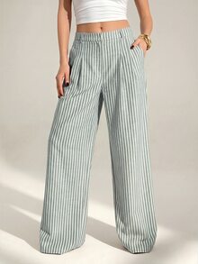 SHEIN Tall 女款卡其色條紋直筒優雅上班褲 - 軍綠色 - 查看 10