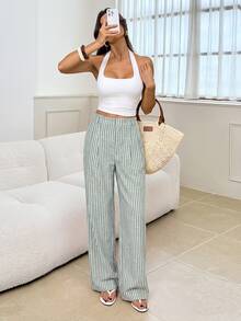SHEIN Tall 女款卡其色條紋直筒優雅上班褲 - 軍綠色 - 查看 6