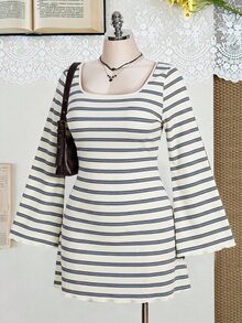 SHEIN ICON 大尺碼彩色條紋露背喇叭袖針織洋裝 - 彩色 - 查看 5