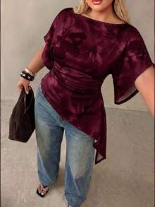 Auralis 大尺碼女款不對稱下擺印花 T-shirt，船領上衣，適合約會、度假、派對、日常穿著、聚會、戶外活動 - 彩色 - 查看 1