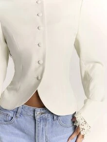 SHEIN BAE Women's Autumn/Winter Contrast Lace Design Blazer, Commuter Chic Outfit, Daily Streetwear - White - View 6