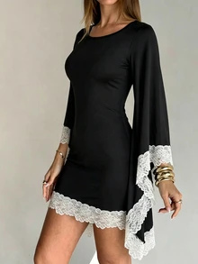 Selianne Women's Elegant Knitted Long Sleeve Bell Sleeve Lace Decor Dress - Black - View 3