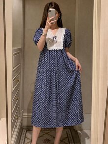 DAZY 花卉印花短袖寬鬆中長版花瓣袖蕾絲拼接女款夏季睡裙 - 藍色 - 查看 4