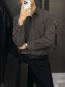 DAZY Spring/Autumn Grey Solid Color Korean Style Casual Men's Shirt - Grey - View 3