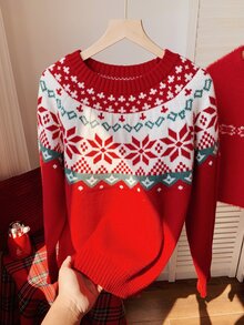 Comfortcana Women's Christmas Print Round Neck Long Sleeve Sweater - Red - View 6
