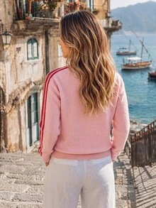 Sylviya 女款秋冬V領度假休閒保暖舒適長袖毛衣 旅行粉色條紋女款秋冬毛衣 - 粉色 - 查看 2
