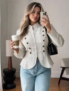 Vionelle Plus Size Women's French Elegant Polka Dot Napoleon Jacket - White - View 1