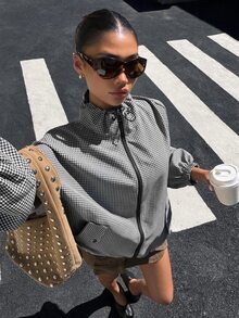 Muchica Women's Blue-Grey Plaid Woven Zipper Front Jacket - Black - View 3