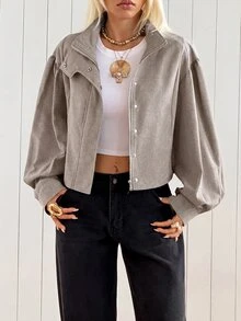 SHEIN EZwear 女款素色拉鍊休閒日常長袖夾克 - 卡其色 - 查看 4