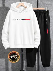 SHEIN 2件組青少年男孩黑色保暖內裡連帽衛衣圖案印花慢跑褲套裝，返校秋季款 - 黑與白 - 查看 2