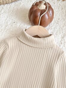 SHEIN Baby Girl Solid Color High Neck Long Sleeve T-Shirt And PU Leather Asymmetric Hem Skort Fashion Set - Brown - View 4