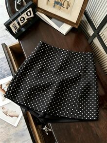 SHEIN Franclia 時尚休閒通勤百搭丹寧效果印花紋理軟面料高腰開衩女款短褲/裙/寬腿褲/熱褲 - 彩色 - 查看 2
