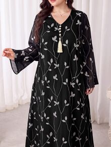 Al Najma 大尺碼女款植物刺繡流蘇設計長袖優雅阿拉伯風洋裝 - 黑色 - 查看 5