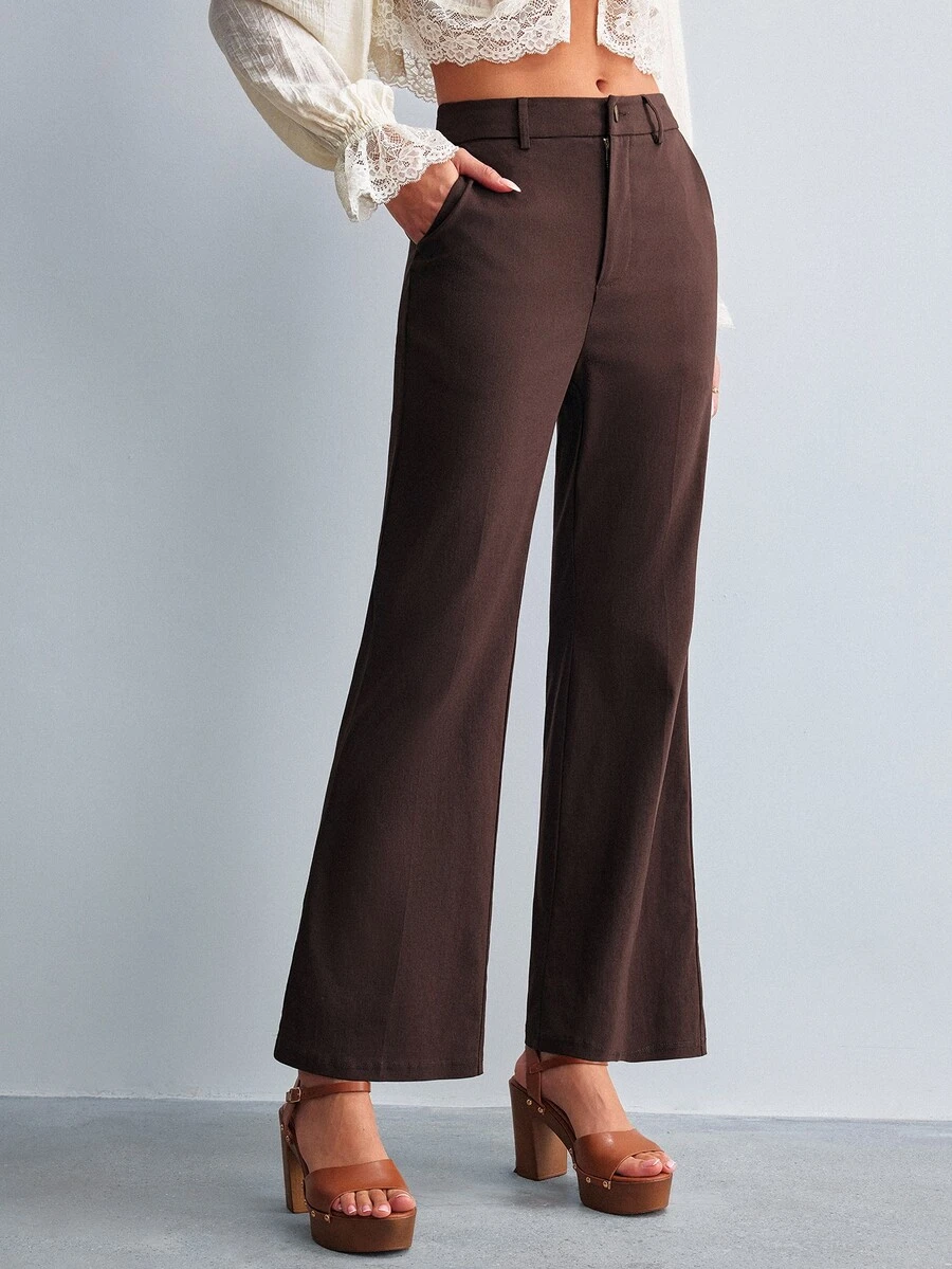Willow Rêve Women's Solid Color Pocket Casual Daily Flare Long Pants - Brown - View 1