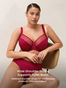 LUVLETTE Plus Unlined Full Coverage Side Support Christmas Red Mesh Sheer Basic Breezy Comfort Minimizer Women Lingerie Intimates Bra - Red - View 5