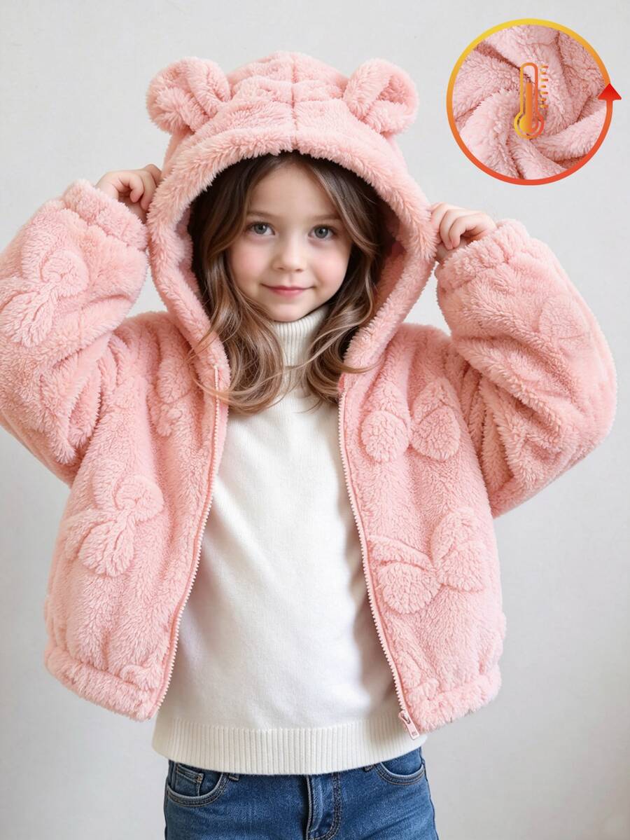 SHEIN Playful Pals 女童可愛加厚抓絨連帽外套 1件裝，粉色蝴蝶結雙面抓絨布料搭配熊耳裝飾，長袖拉鍊夾克，柔軟舒適，甜美可愛，適合女童日常上學、外出、度假、派對，秋冬返校穿著 - 粉色 - 查看 1
