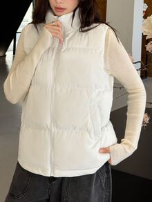 K-Vae Women's Autumn/Winter Stand Collar Zipper Sleeveless Padded Vest Jacket - Beige - View 14