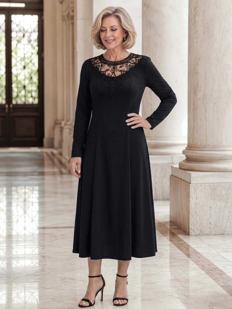 EMERY ROSE Elegant Contrast Lace Round Neck Long Sleeve Dress For Middle-Aged And Elderly Women - Black - View 1
