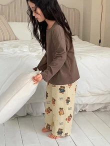 Dazy Kids 女童秋季圓領針織長袖T恤＋長褲居家休閒套裝 - 黃色 - 查看 3
