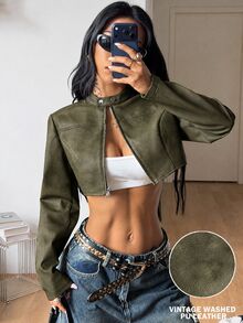 Coolane 女款秋冬保暖基礎極簡/冬季街頭風休閒時尚橄欖綠短版修身拉鍊人造皮革機車夾克 - 軍綠色 - 查看 4