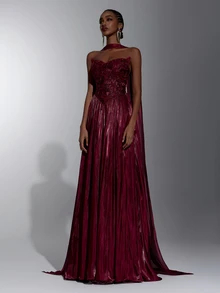 Elitara Burgundy Strapless Ruched Waist Floor-Length Evening Dress With 3D Floral Applique, Formal Wedding Guest Gown For Women (Heavy Embellished Style) - Burgundy - View 6