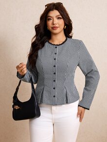 Elaquor Plus Size Women's Plaid Long Sleeve Single-Breasted Elegant Blouse - Brown - View 4