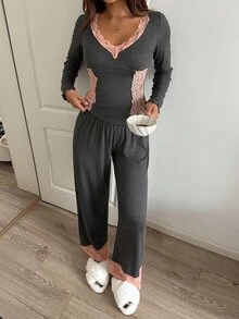 DAZY طقم ملابس نسائية علوي بأكمام طويلة مع بنطال من الدانتيل المرقع للاستخدام اليومي والمنزلي والنوم - رمادي غامق - مشاهدة 5