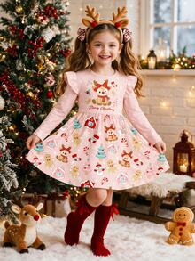 Kids Young Girl Reindeer Christmas Pattern Print Ruffle Hem Dress Creative Gift - Multicolor - View 6