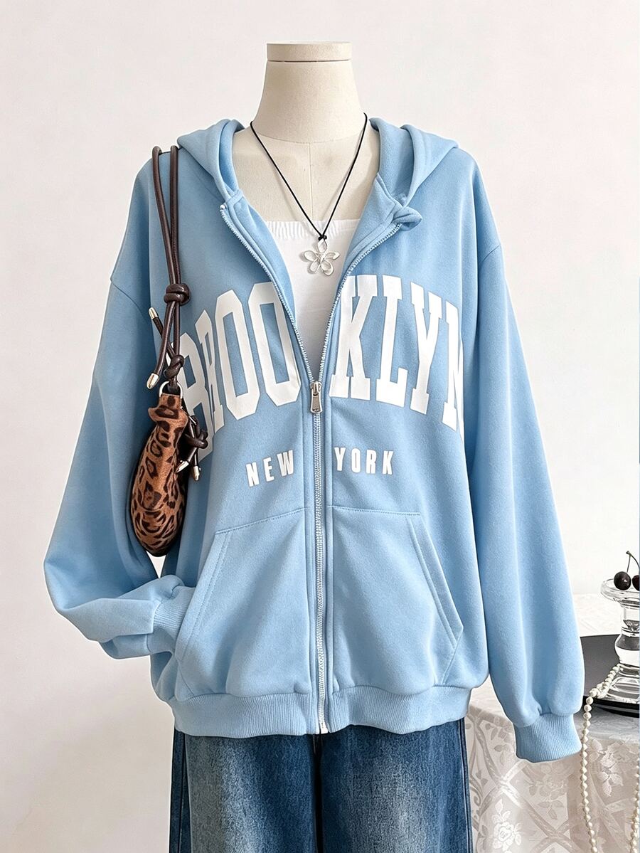 SHEIN 青少年女孩拉鍊迷你休閒日常黑色運動衫,萬聖節秋季風格秋季穿搭 - 淺藍色 - 查看 1