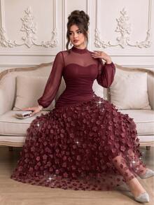 Roveilla Plus Size 2027 New Party Style New Year Christmas Valentine's Day 3D Floral Long Dress - Burgundy - View 8